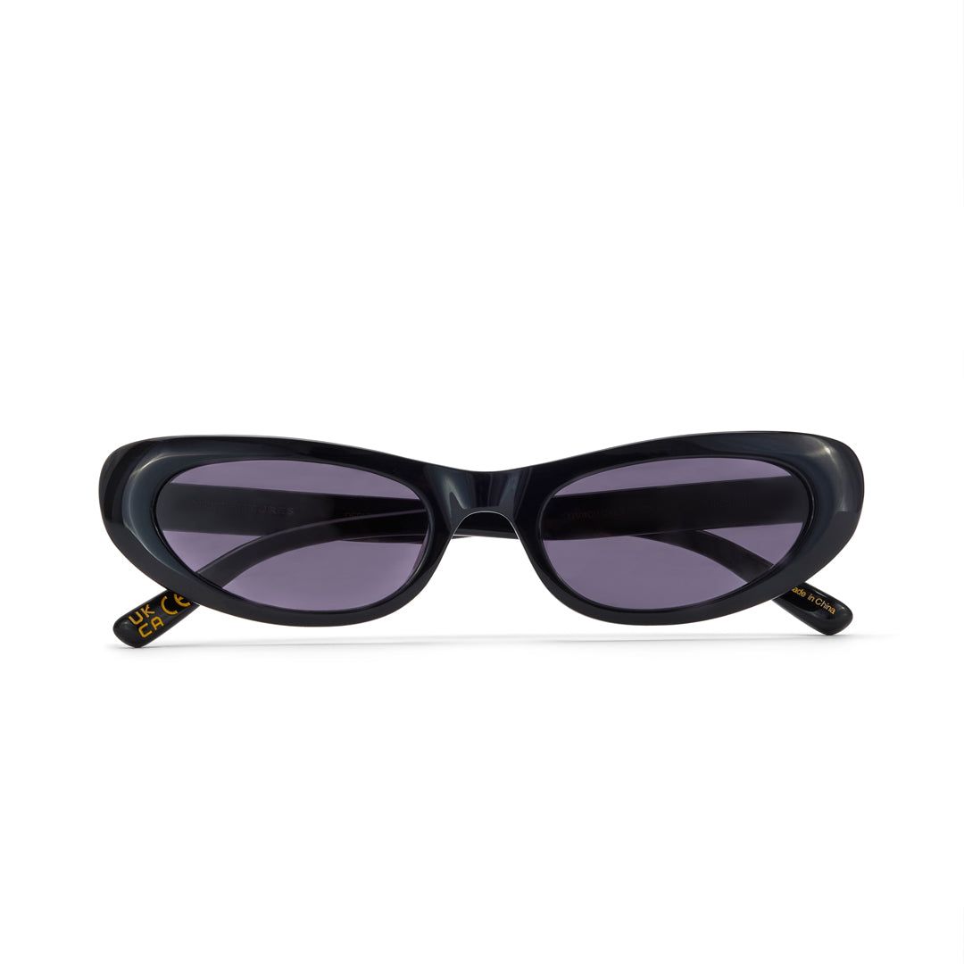 Black cat-eye sunglasses with dark smoky lenses on a white background