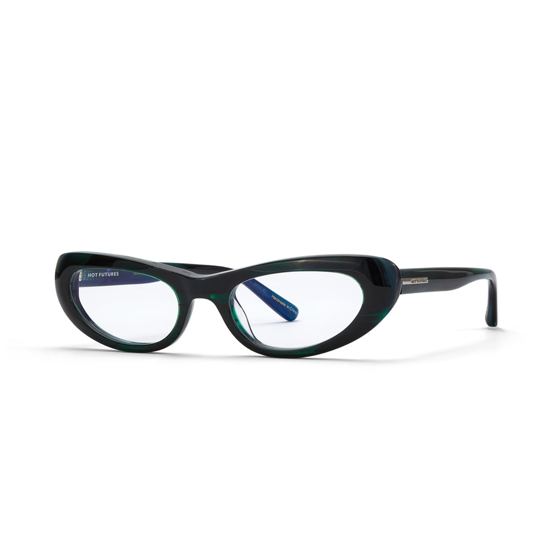 dark green eyeglasses on a white background