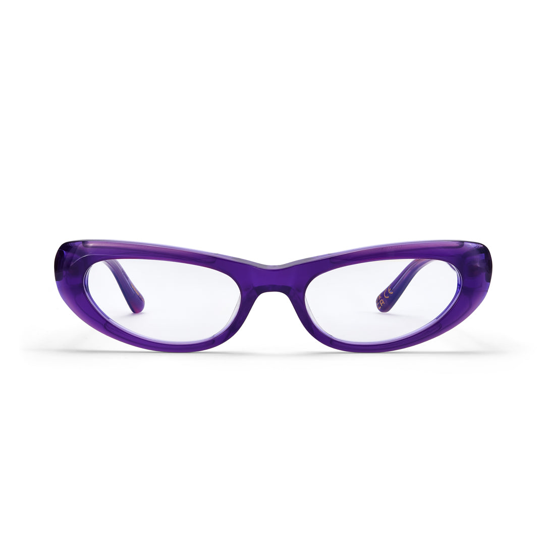 Purple eyeglasses on a white background