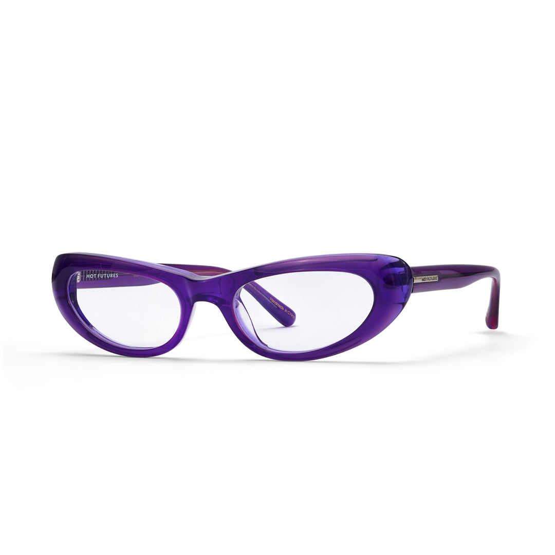 Purple eyeglasses on a white background