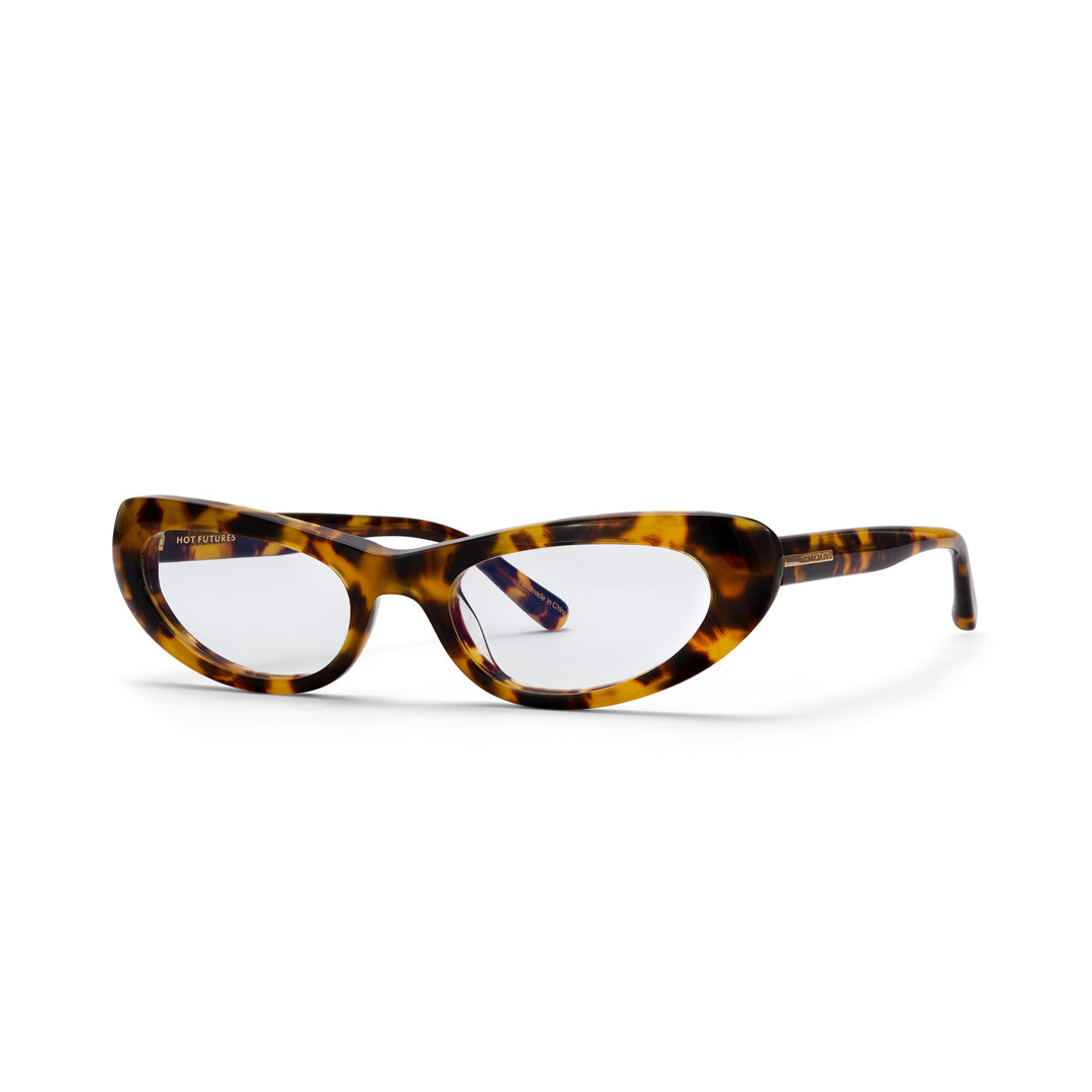 Tortoiseshell cat-eye glasses on a white background