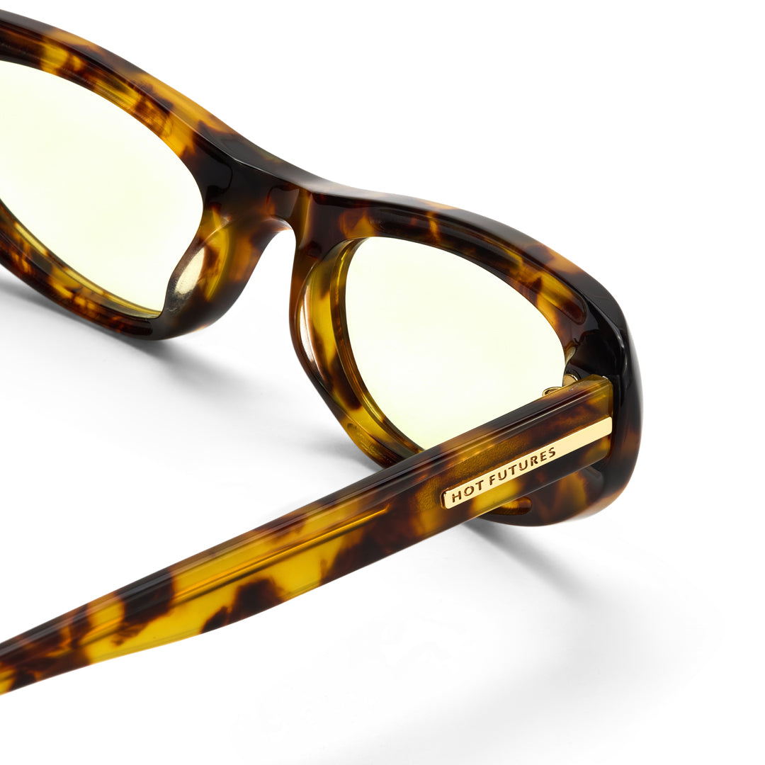 Tortoiseshell sunglasses with 'Hot Futures' branding on a white background