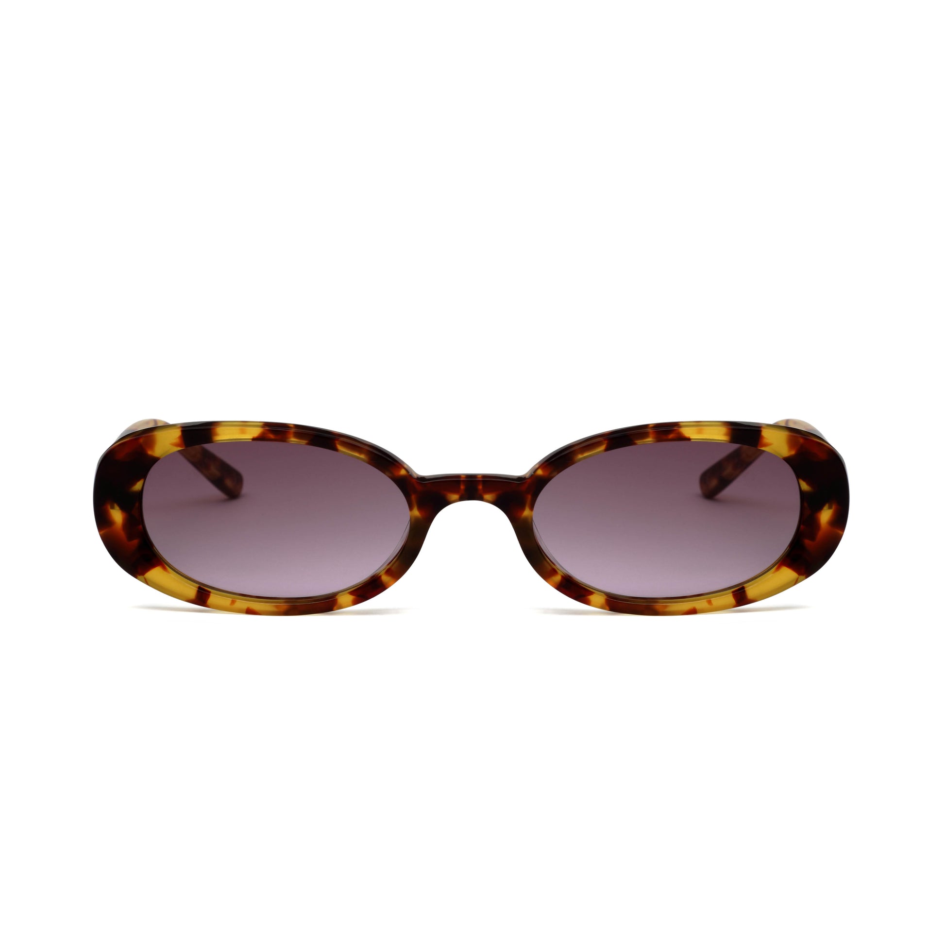 A pair of sunglasses with a classic tortoiseshell pattern and tan gradient lenses.