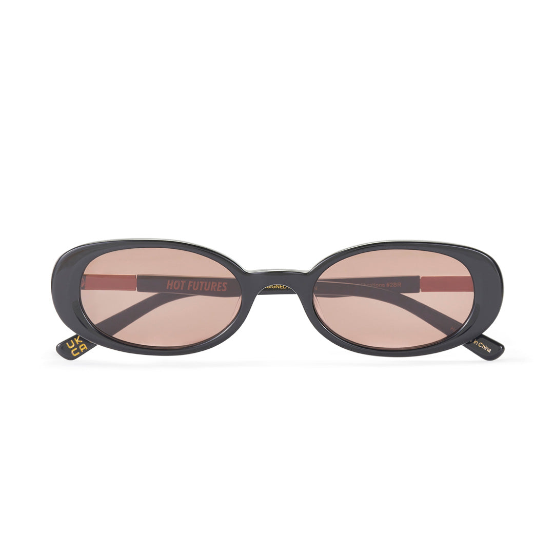Sunglasses with a black frame and tan tinted lenses on a white background
