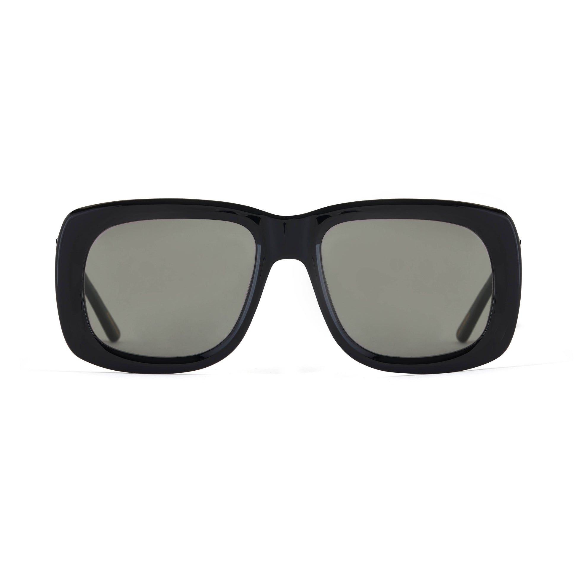 A pair of glossy black acetate flat top large sunglasses with dark smoky tinted lenses