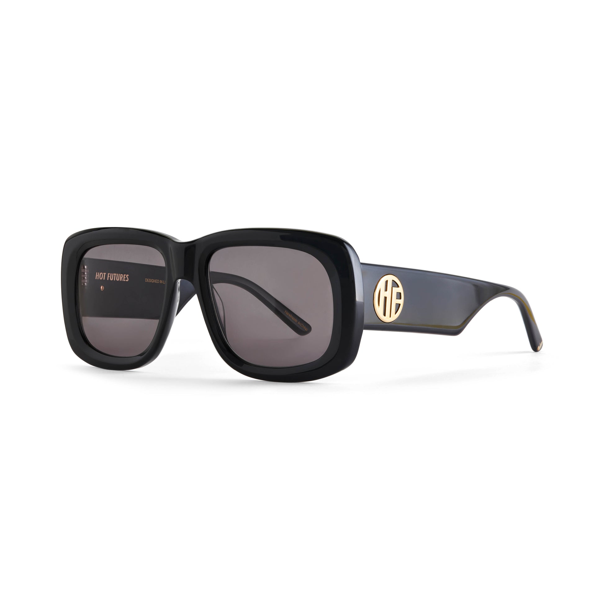 A pair of glossy black acetate flat top large sunglasses with dark smoky tinted lenses, with the gold Hot Futures branding shown on the arms