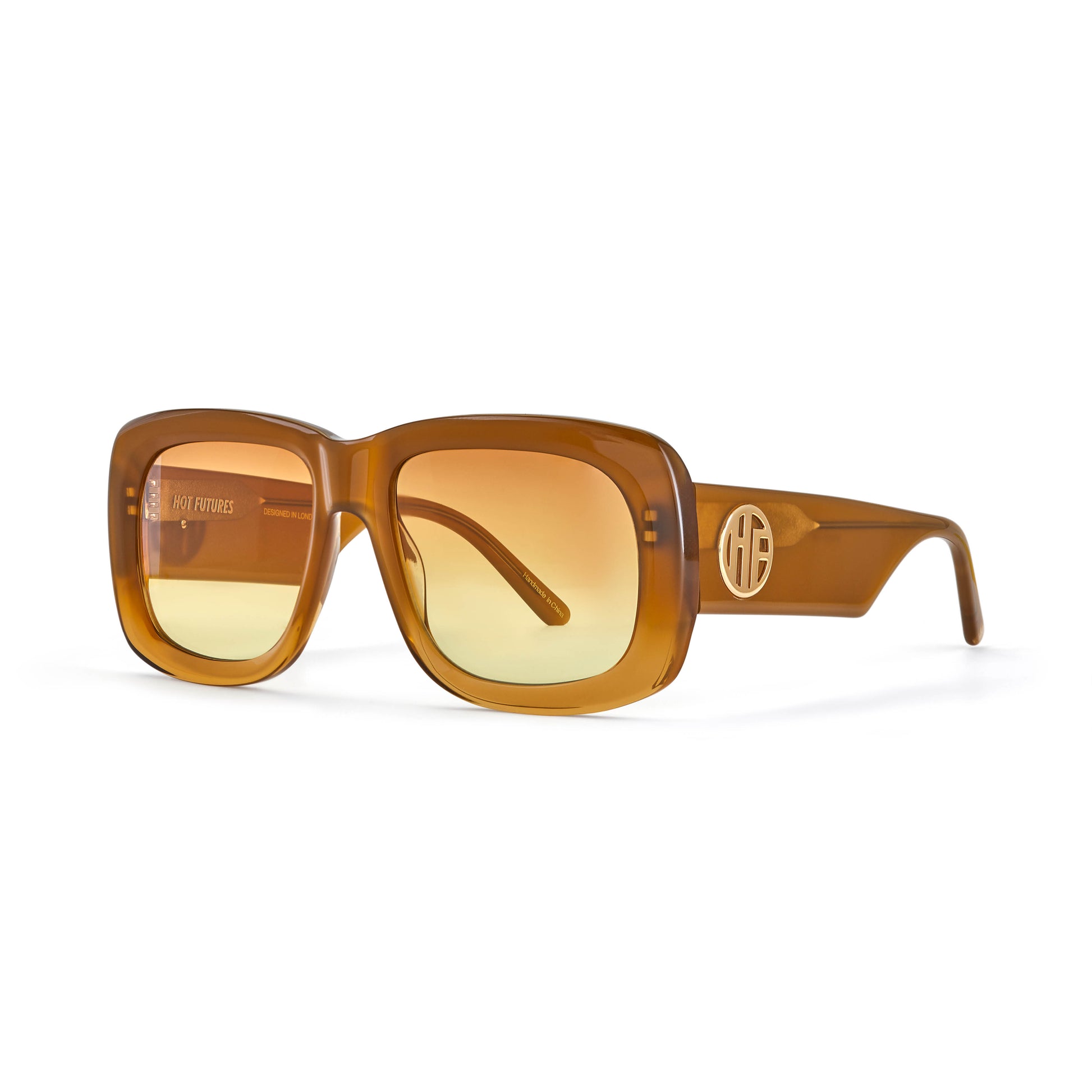 Brown oversized square sunglasses with the Hot Futures logo on a white background