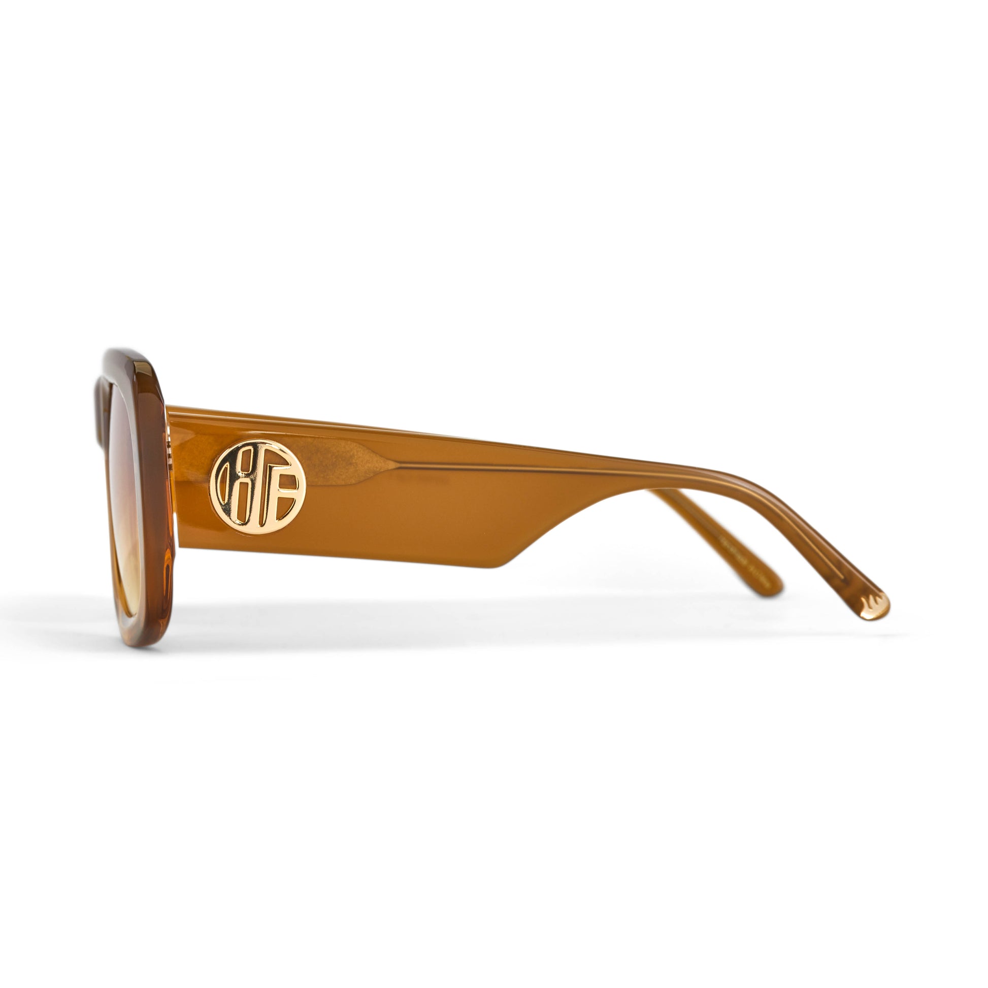 Brown oversized square sunglasses with the Hot Futures logo on a white background
