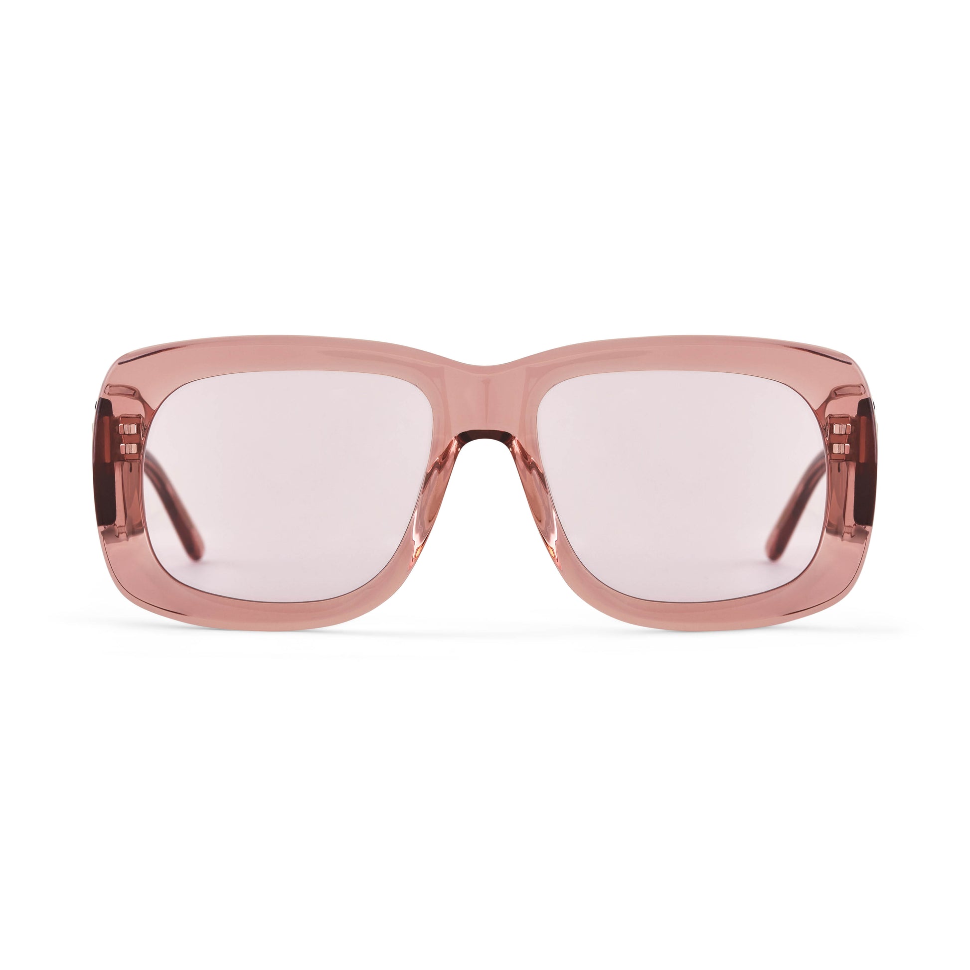 A pair of rose pink acetate flat top large sunglasses with pink tinted lenses, with the gold Hot Futures branding shown on the arms