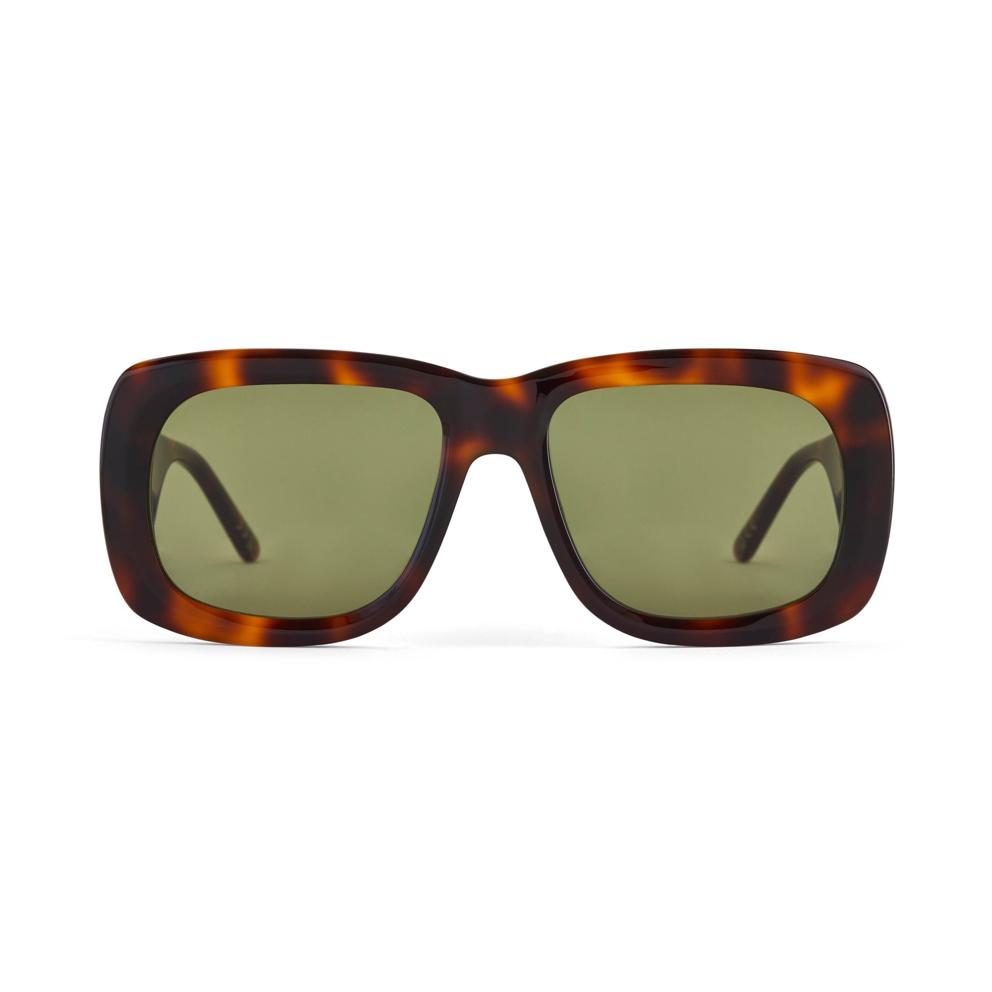 A pair of flat top acetate frame sunglasses with green tinted lenses and tortoiseshell pattern frame detailing.