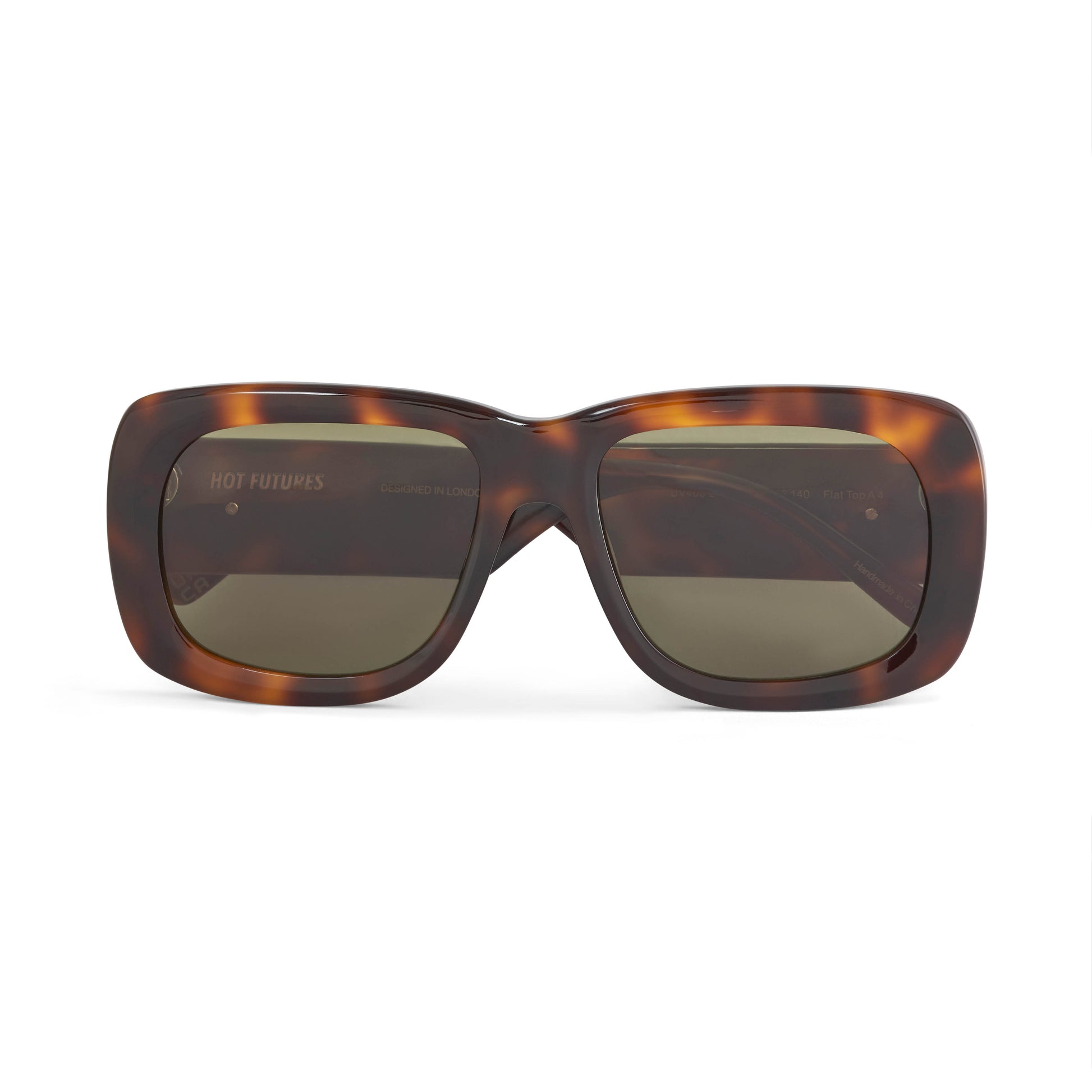 A pair of flat top acetate frame sunglasses with green tinted lenses and tortoiseshell frame. With gold Hot Futures logo branding to the arms.