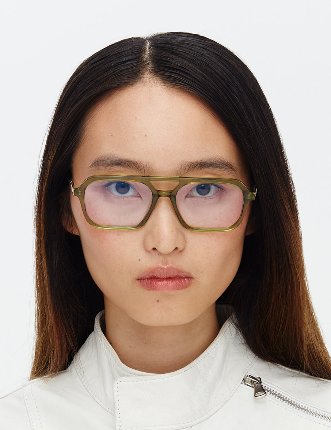 A pair of green rectangular full frame sunglasses with clear lenses and alloy hinges.