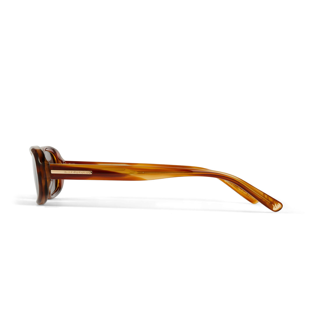 Hot Futures Aurora Eco Caramel | Dark Green Sunglasses shot from the side showing the glasses arms with the gold HF branding & the iconic gold flame at the end of the arms.