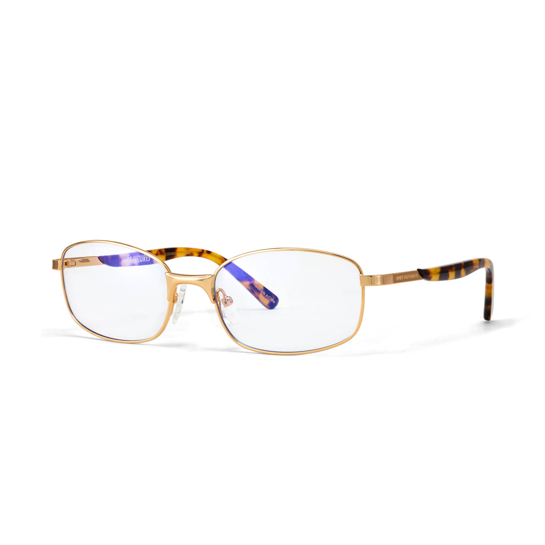 Gold-framed eyeglasses with tortoiseshell accents on a white background