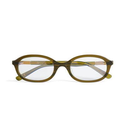 Olive Green Cupid eye glasses shot from the front folded against a white background