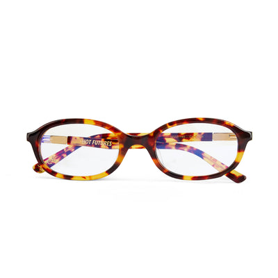 Tortoiseshell eyeglasses with colorful interior on a white background