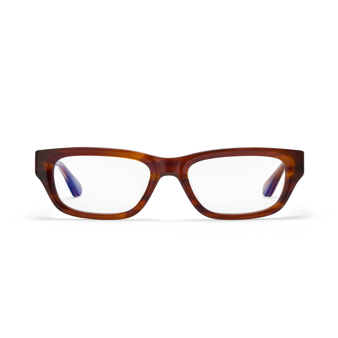 Dove Caramel Clear blue light lens  slim glasses against a white backdrop