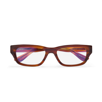 Brown eyeglasses with a colorful interior on a white background