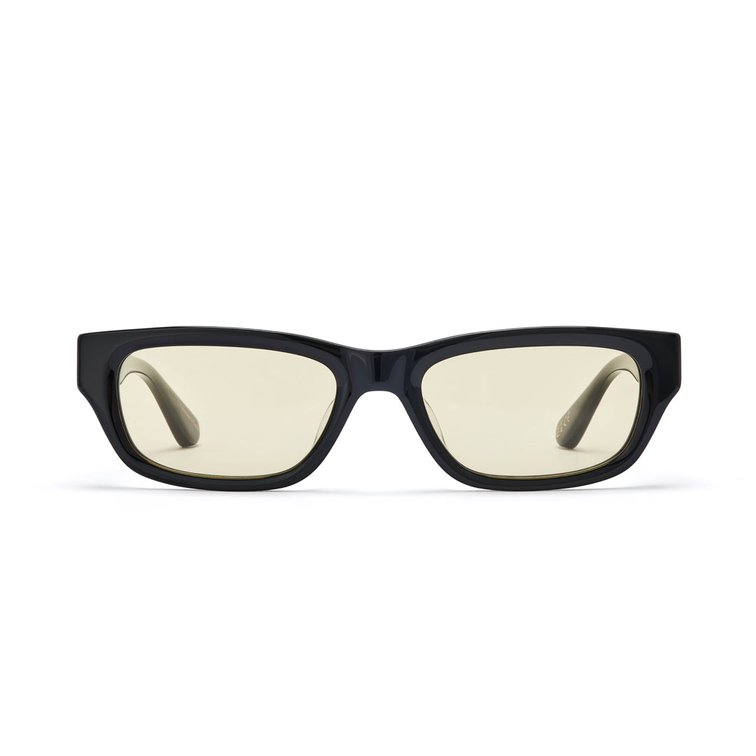 Dove glasses in gloss black with gold lens by hot futures, on a white backdrop