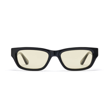 Dove glasses in gloss black with gold lens by hot futures, on a white backdrop