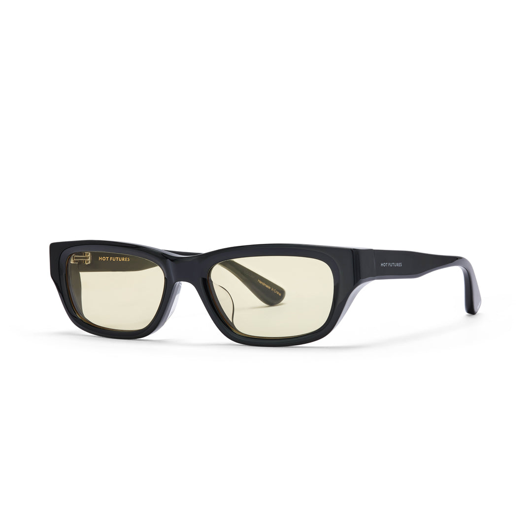 Dove glasses in gloss black with gold lens by hot futures, on a white backdrop