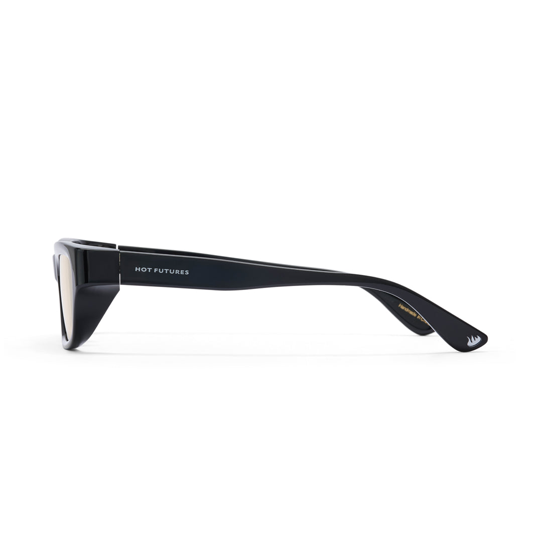 Black sunglasses with 'Hot Futures' branding on a white background