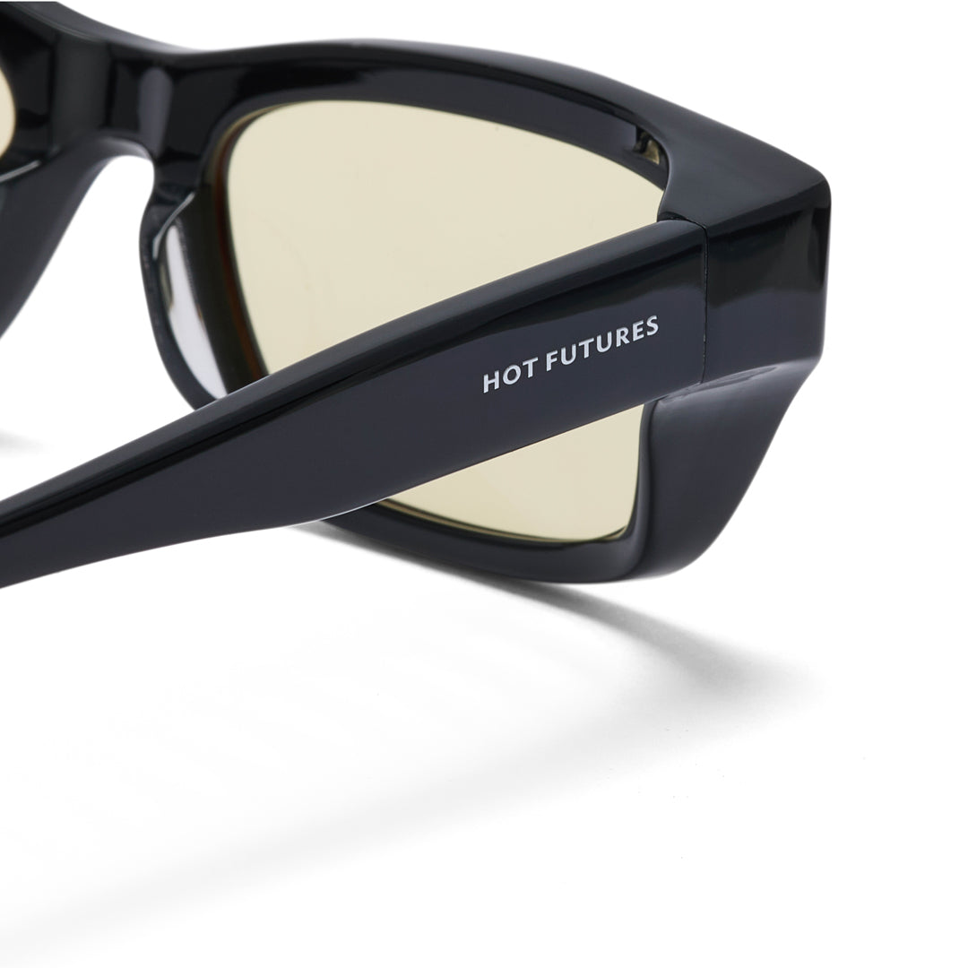 Black sunglasses with 'HOT FUTURES' branding on a white background