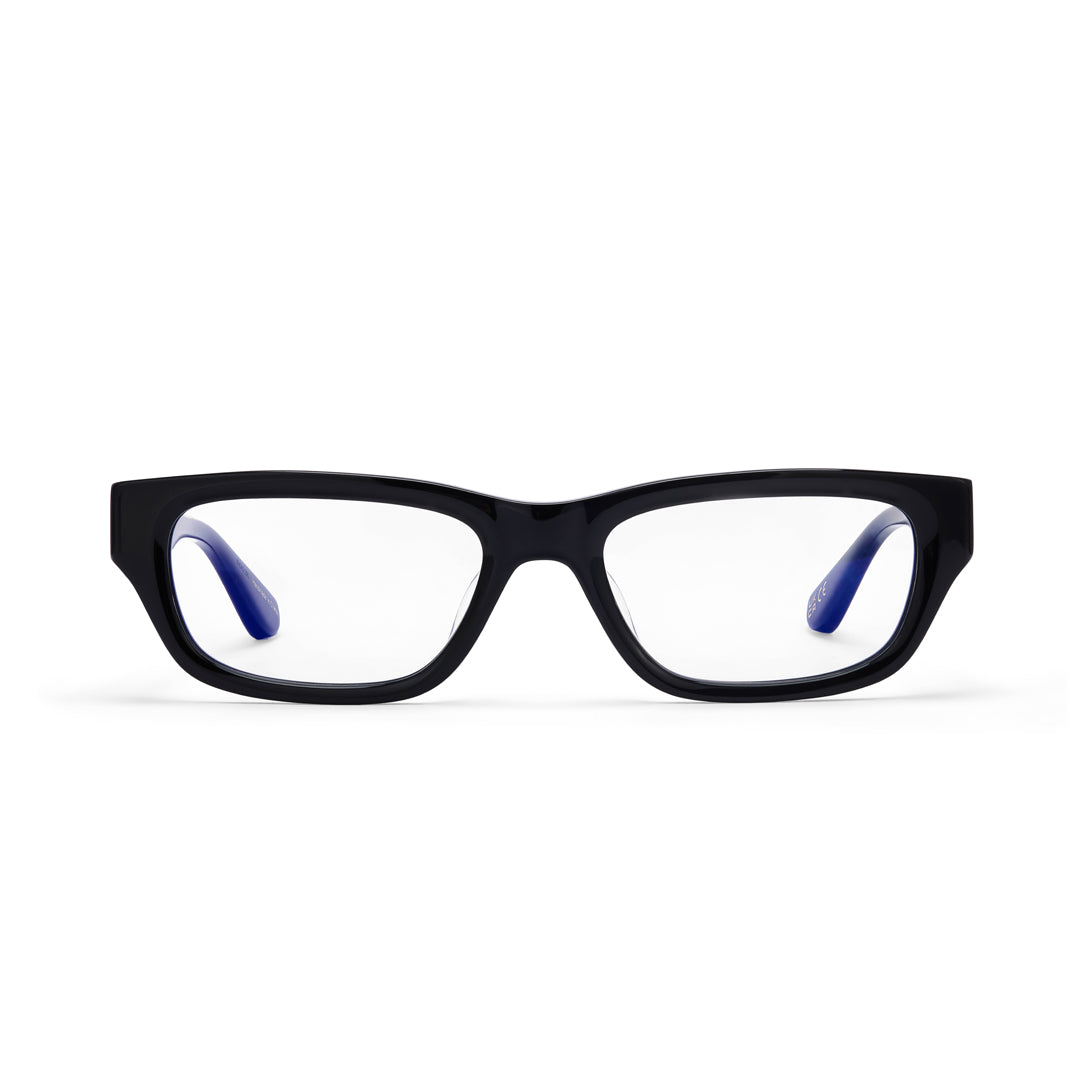 Black eyeglasses with blue temples on a white background