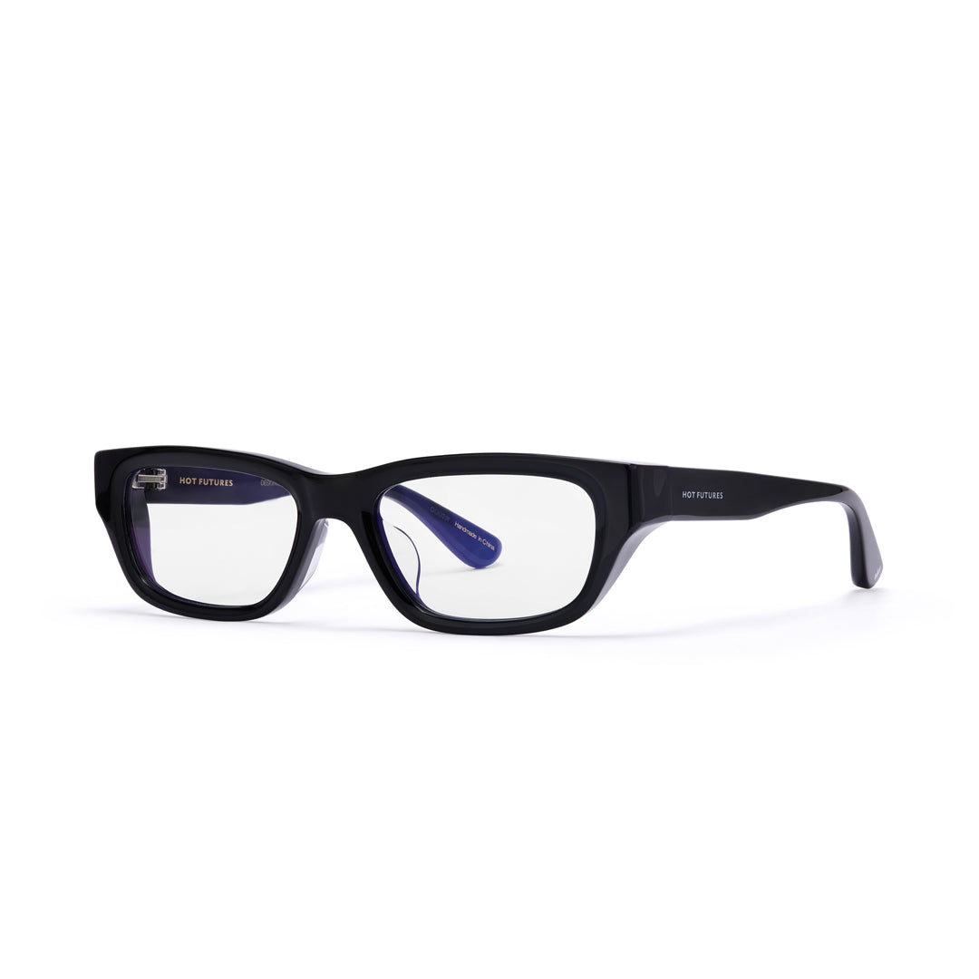 Black eyeglasses with blue temples on a white background