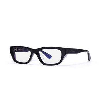 Black eyeglasses with blue accents on a white background