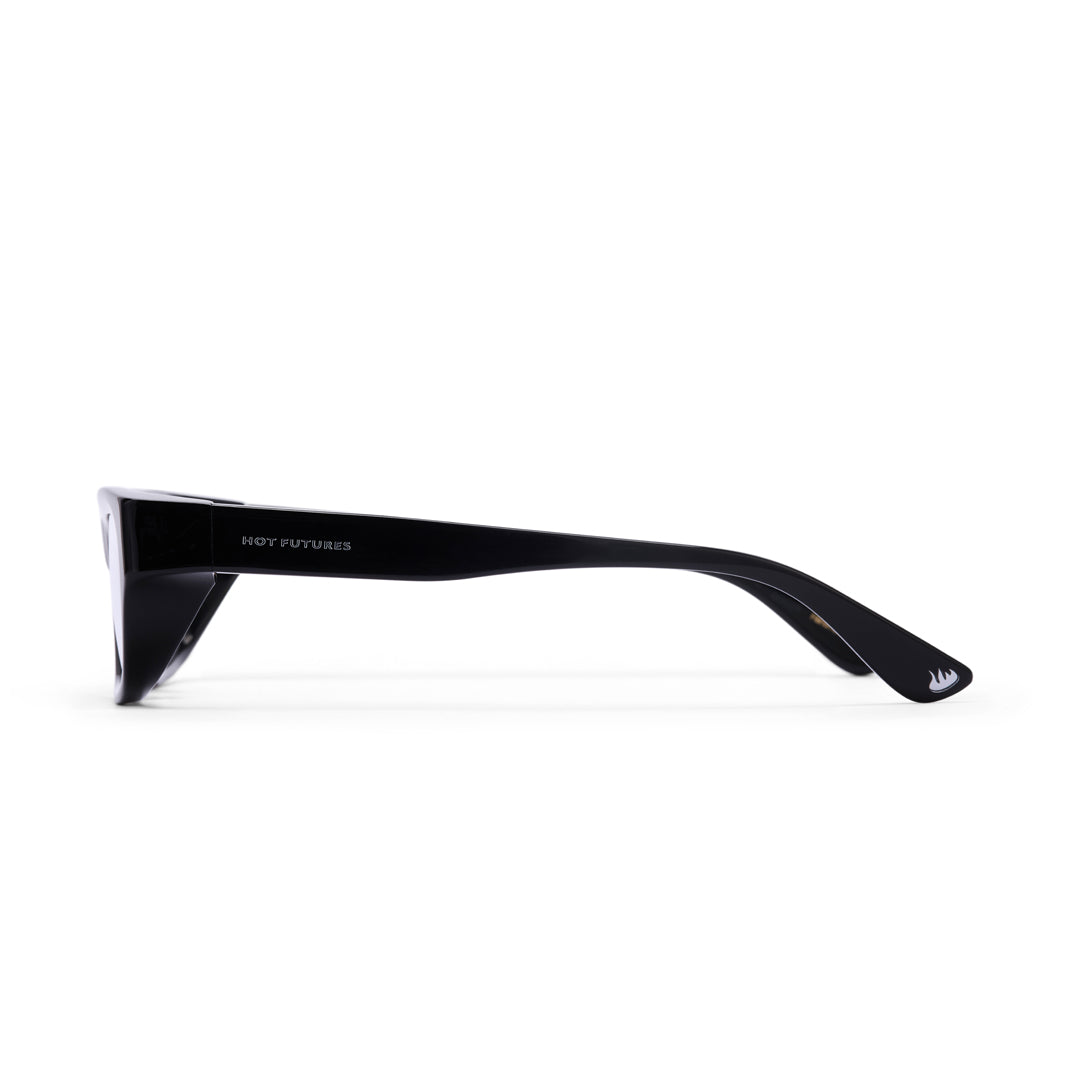 Black sunglasses with 'HUT FUTURES' branding on a white background
