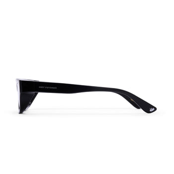 Black sunglasses with 'HUT FUTURES' branding on a white background
