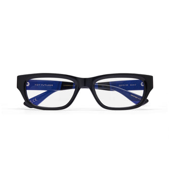 Black eyeglasses with blue lenses on a white background