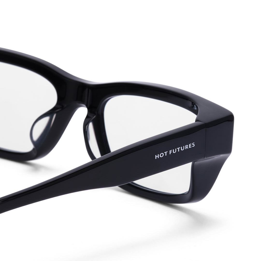 Black eyeglasses with 'HOT FUTURES' branding on a white background