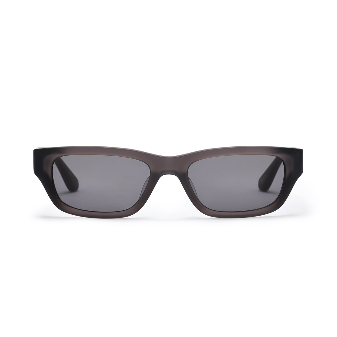 Dove matte grey sunglasses with a dark green UV protected lens on a white backdrop