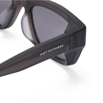 Black sunglasses with 'Hot Futures' branding on a white background