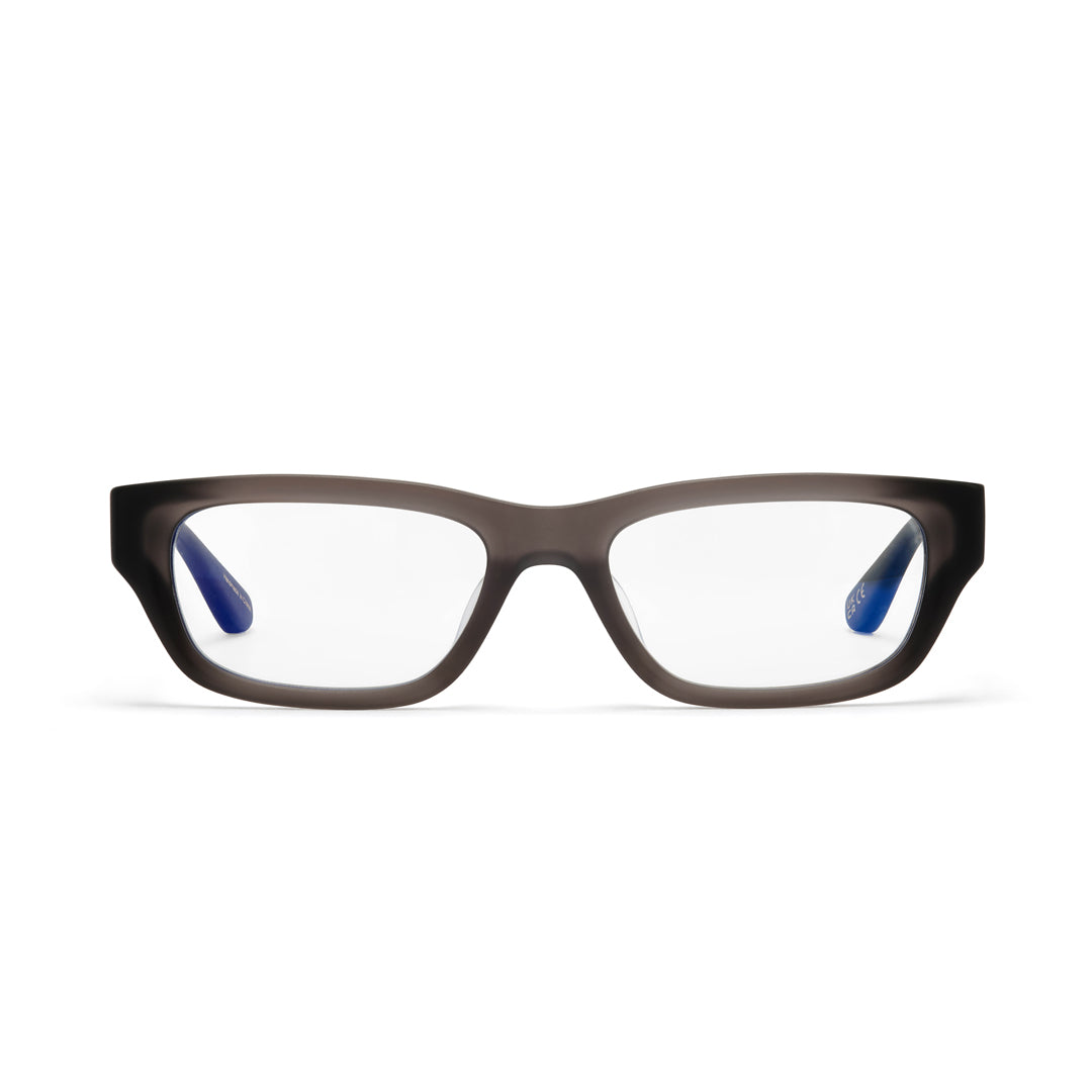 Dove blue light glasses in matte grey shot against a white backgroung