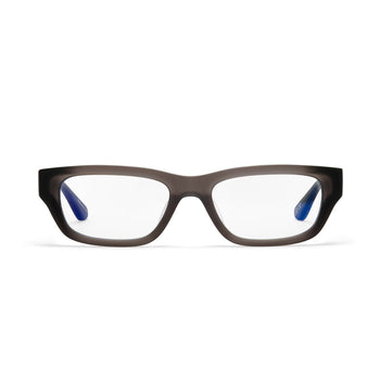 Dove blue light glasses in matte grey shot against a white backgroung