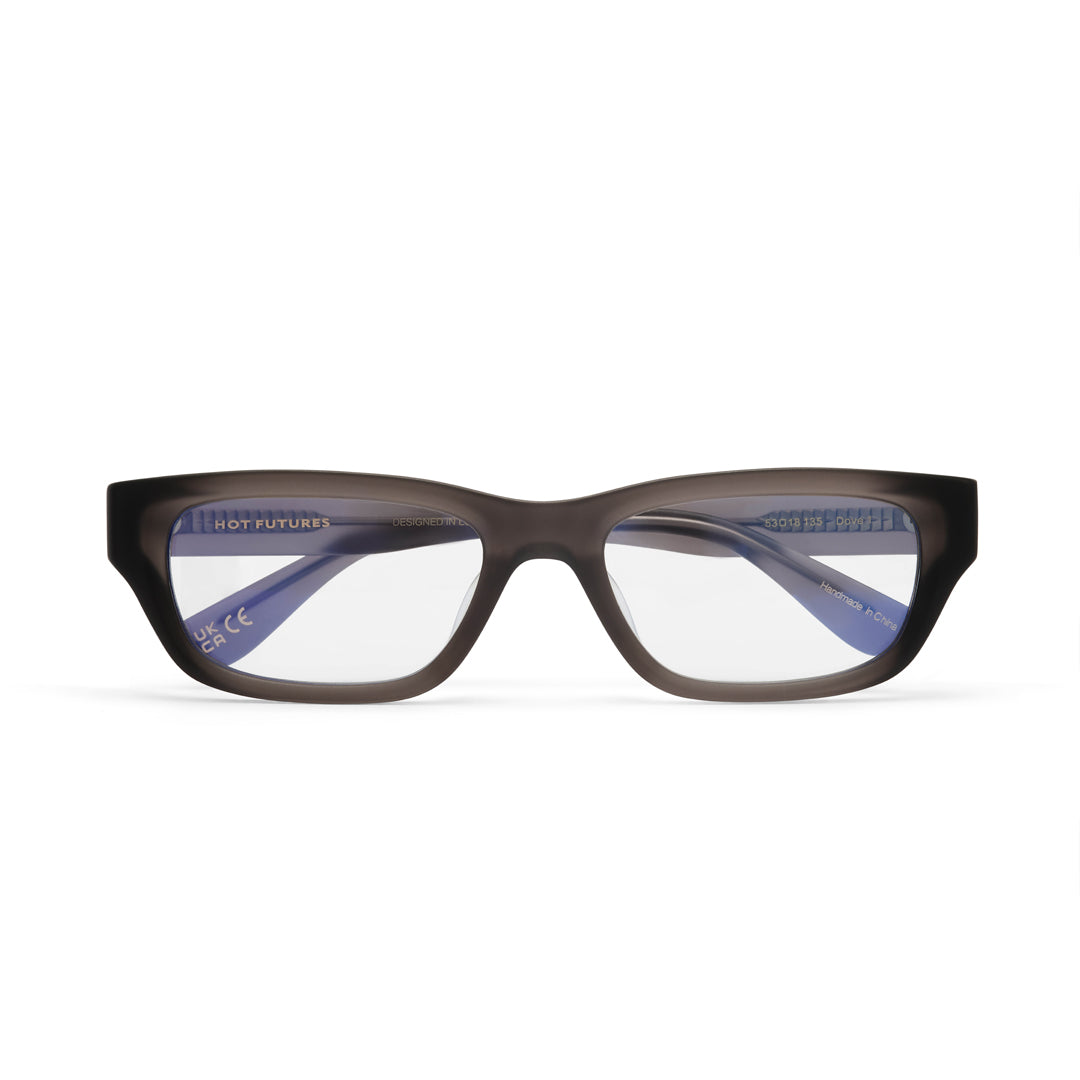 Eyeglasses with a dark brown frame on a white background