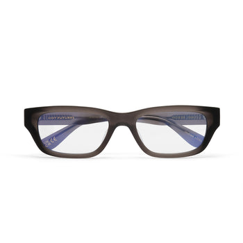 Eyeglasses with a dark brown frame on a white background