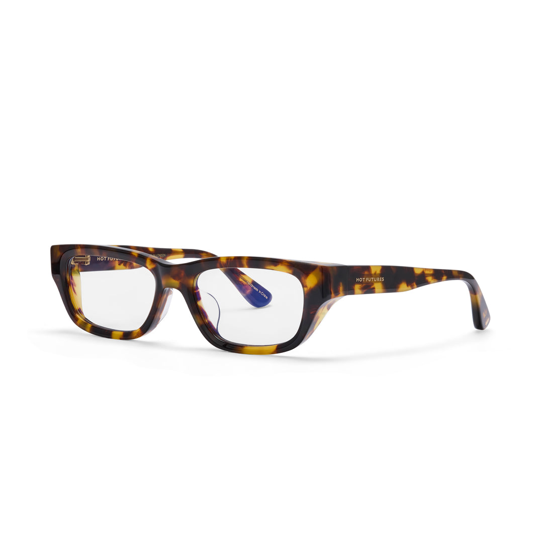 The Hot Futures Dove tortoiseshell blue light glasses shot against a white backdrop