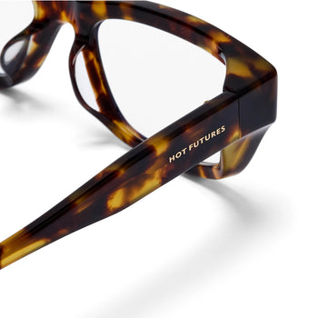 Tortoiseshell glasses with 'Hot Futures' branding on a white background