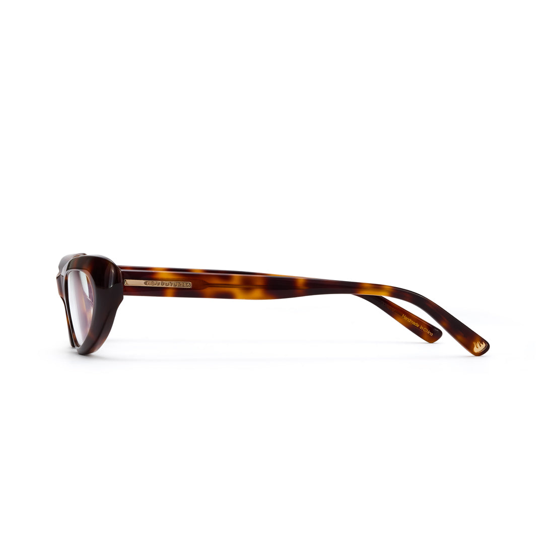 Sunglasses with oval tortoiseshell frame on a white background