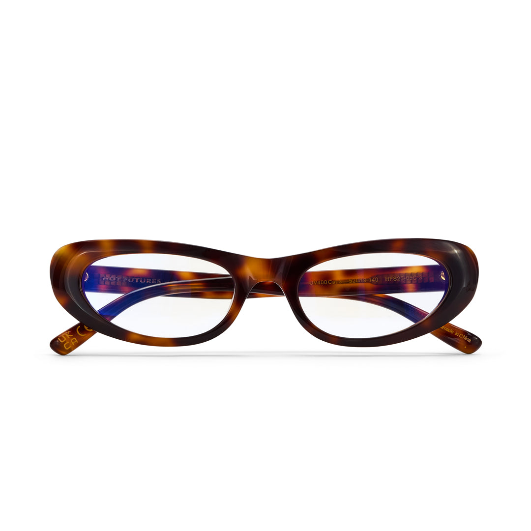 Tortoiseshell cat-eye glasses on a white background