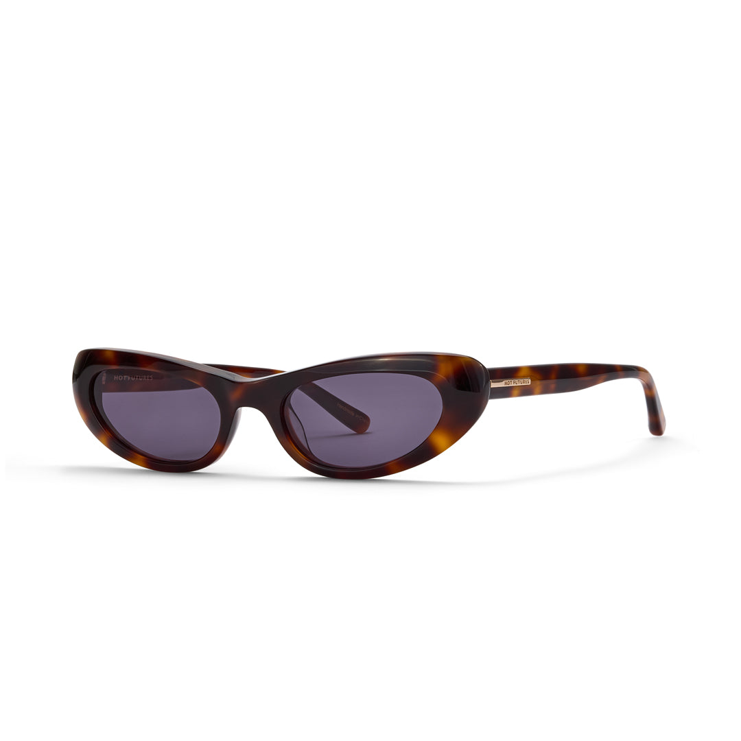 Sunglasses with tortoiseshell frame and dark lenses on a white background