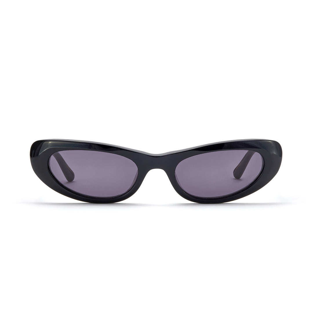 Black cat-eye sunglasses with dark smoky lenses on a white background