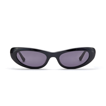 Black cat-eye sunglasses with dark smoky lenses on a white background