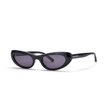 Black cat-eye sunglasses with dark smoky lenses on a white background
