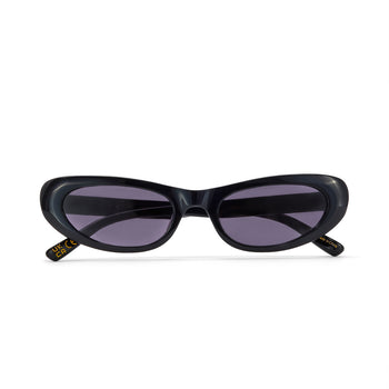 Black cat-eye sunglasses with dark smoky lenses on a white background