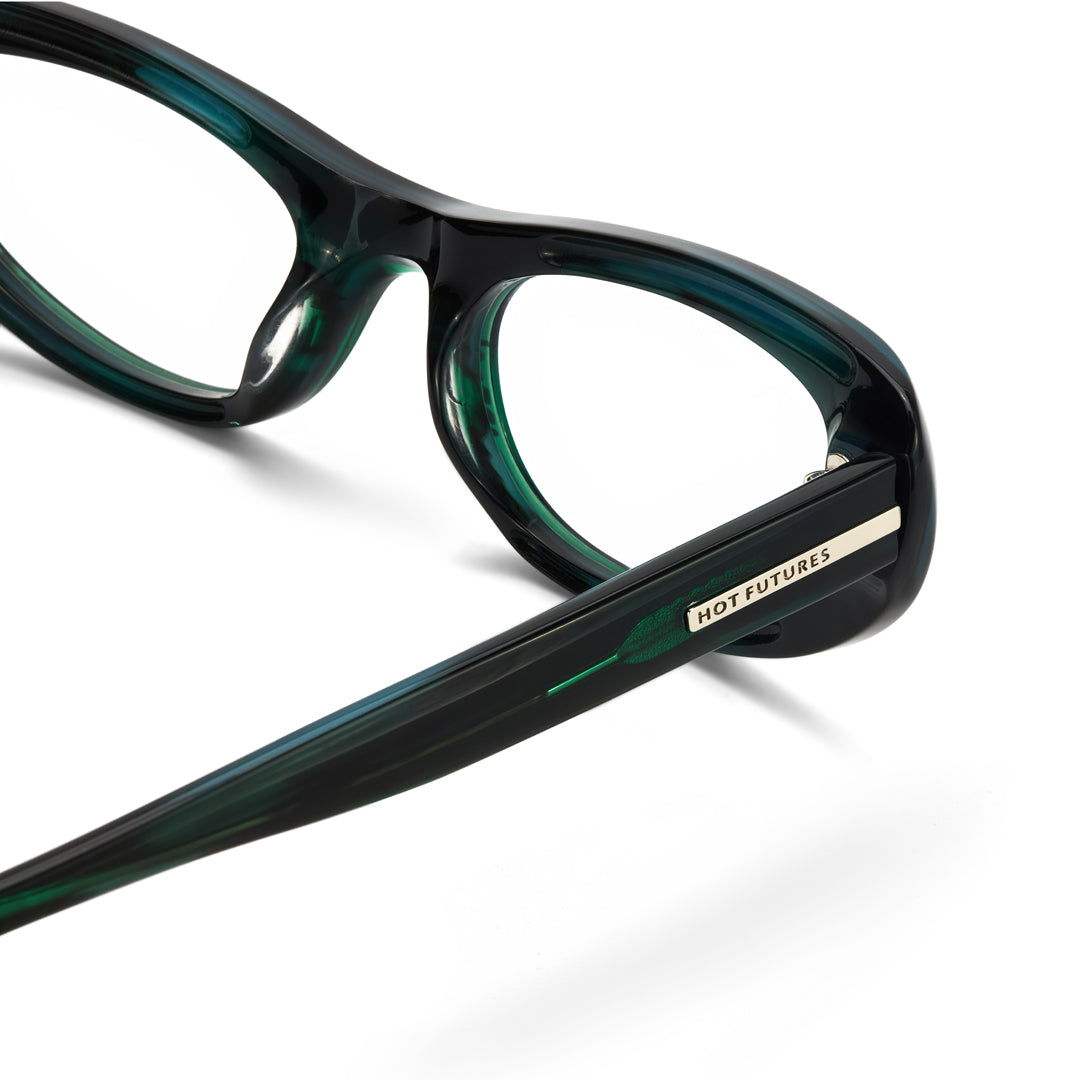 Green eyeglasses with 'Hot Futures' branding on a white background
